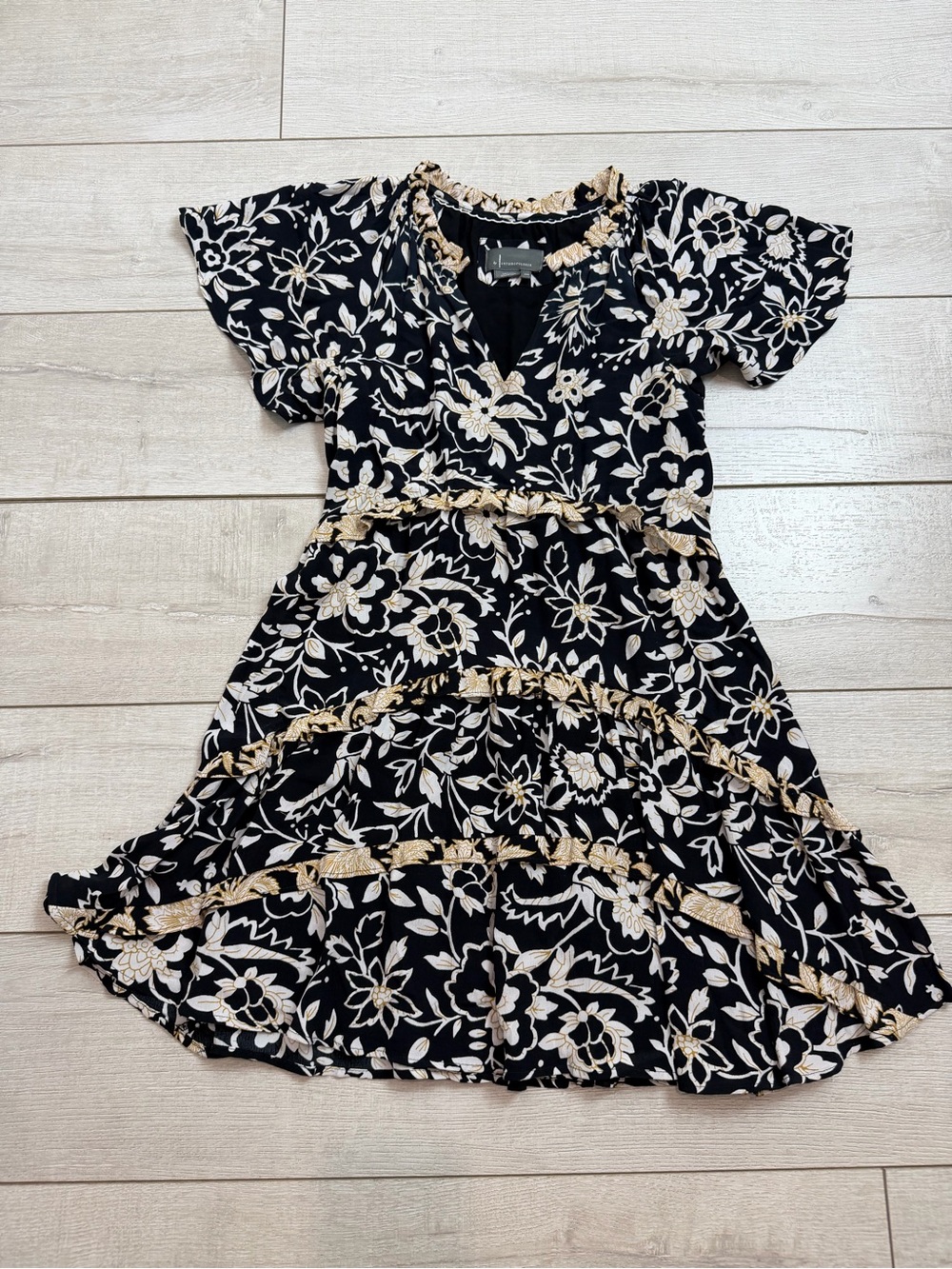 Anthropologie XXS Black Floral Tiered Ruffle Mini Dress Boho